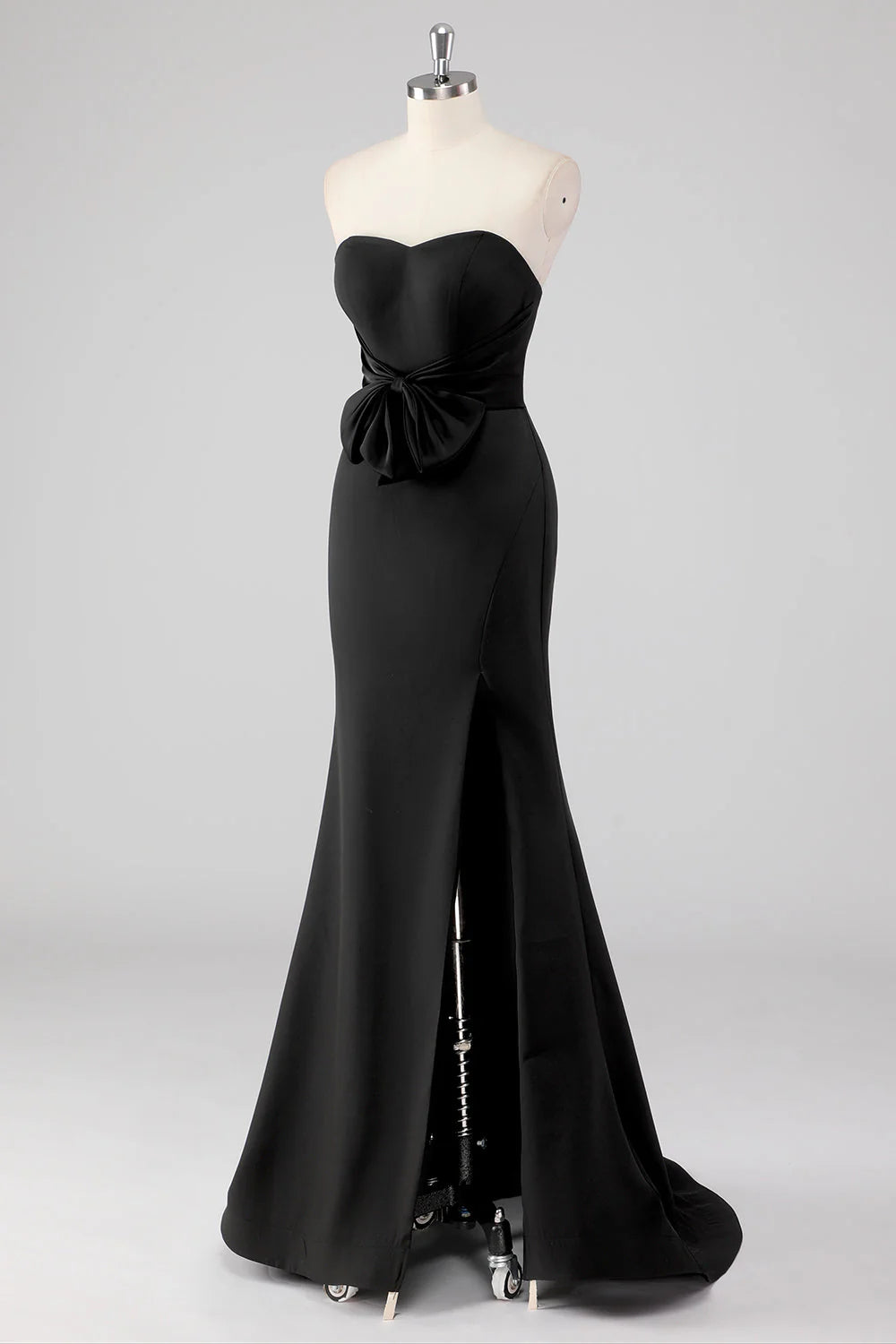 Elegant Black Mermaid Strapless Bow Detail Evening Dress with Slit